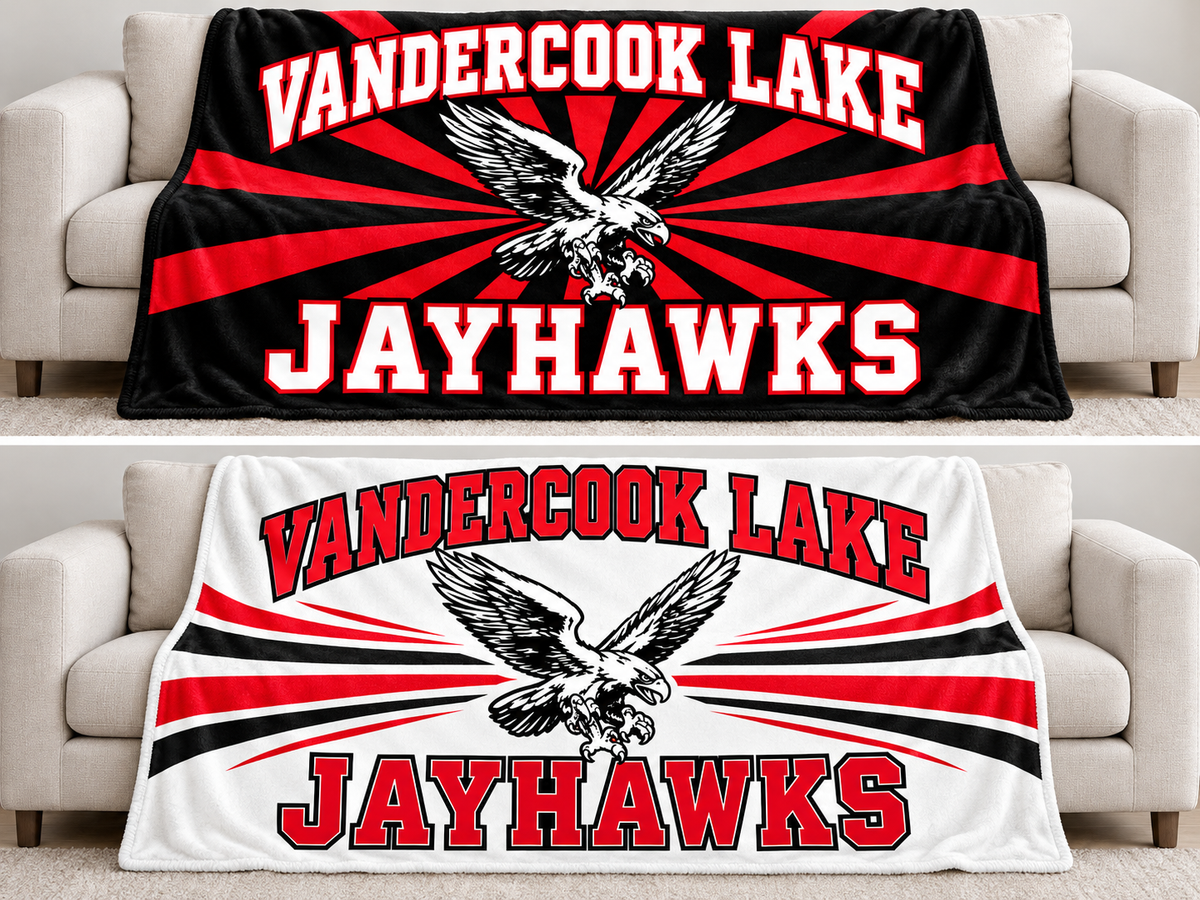 Vandercook Lake Jayhawks 79 by 59 inch blanket mockups, black design above and white design below; choose one design