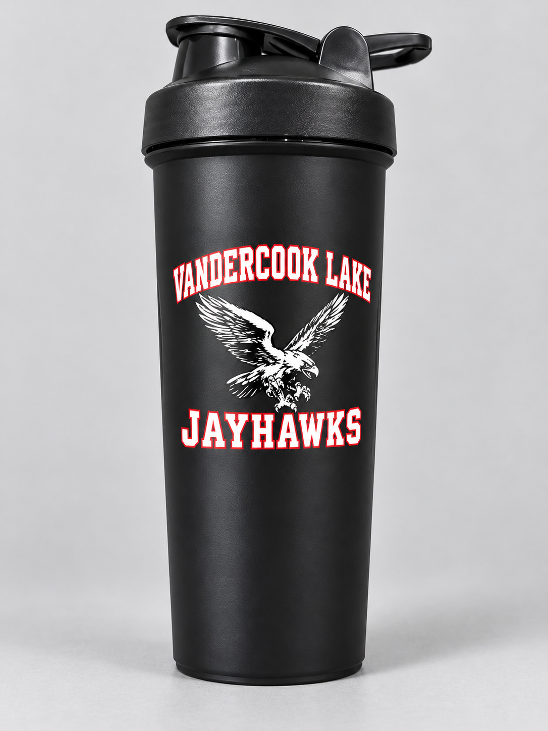 Vandercook Lake Jayhawks black shaker cup mockup; listing is a bulk pack of 120 matching cups