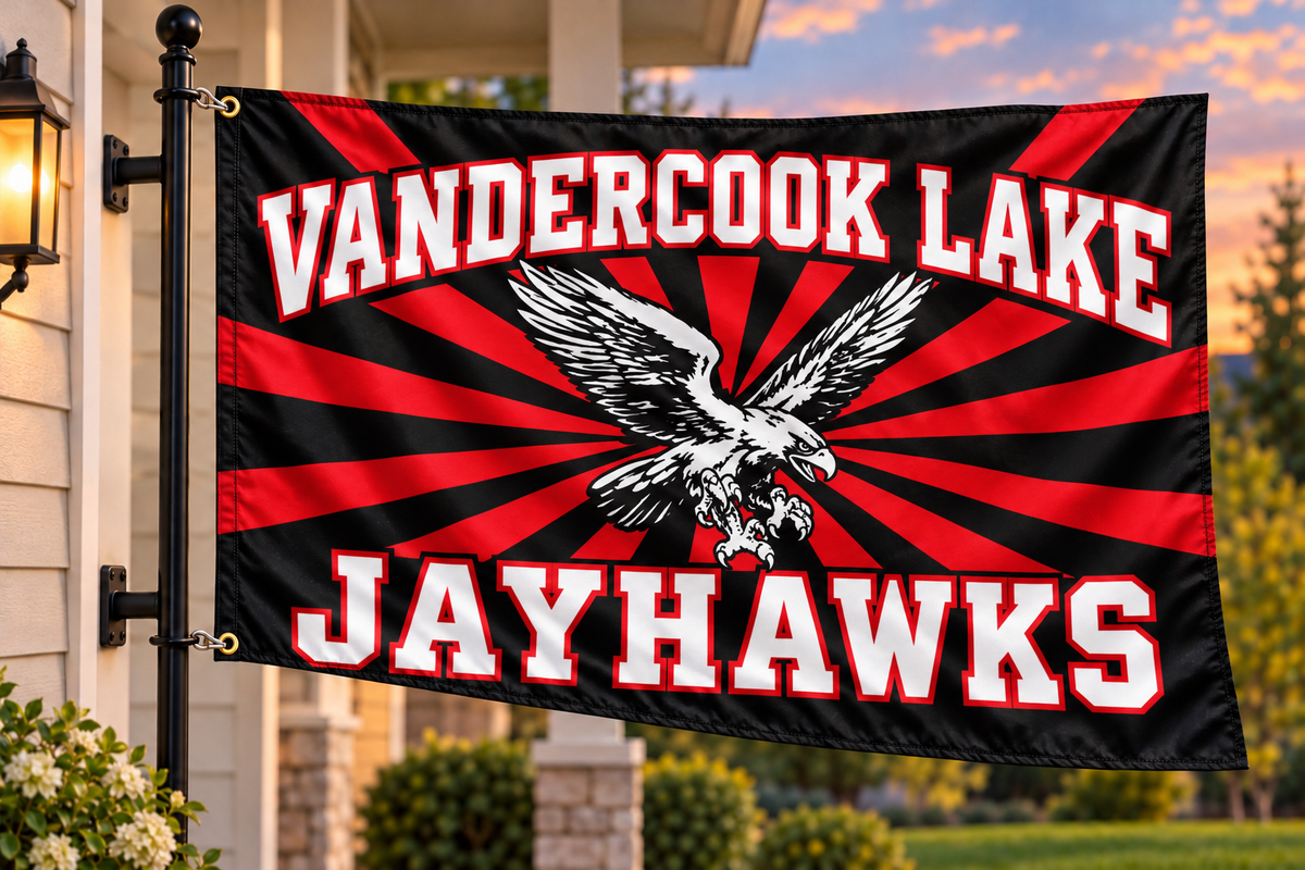 Vandercook Lake Jayhawks flag mockup with both left grommets clipped directly to house-mounted pole