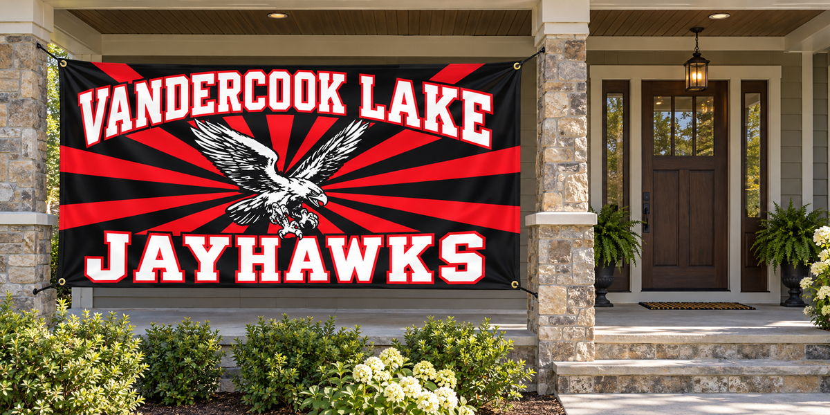 Vandercook Lake Jayhawks 4 ft by 8 ft banner mockup with four corner grommets in side porch bay, leaving entrance clear