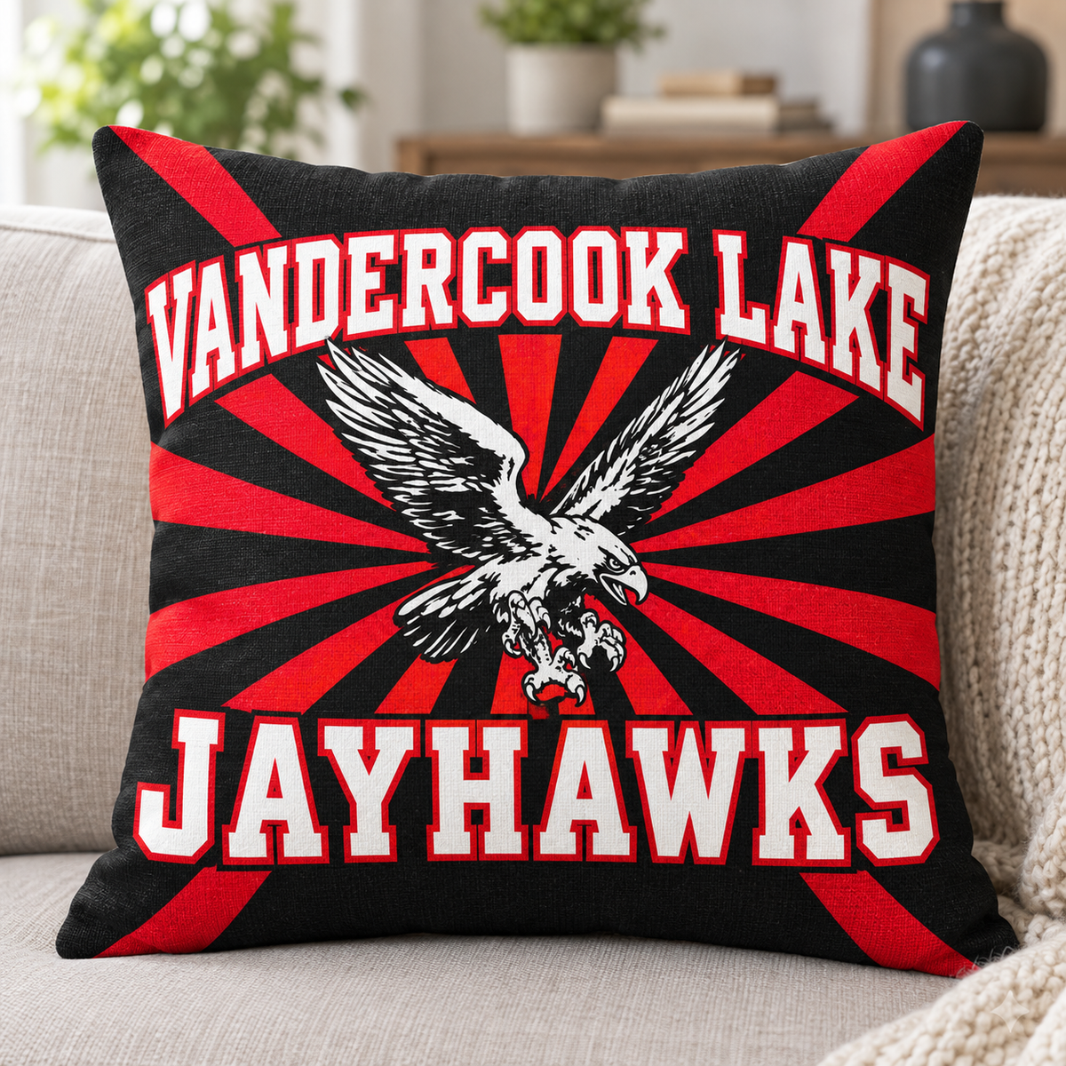 Vandercook Lake Jayhawks square pillow cover mockup shown on an insert; insert not included