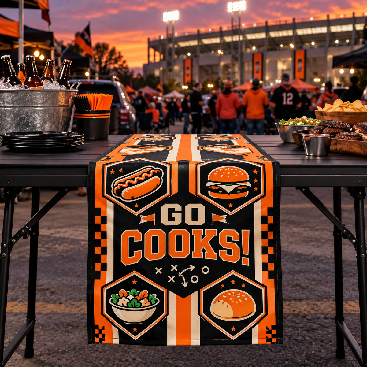 Sample game-day table runner with original Go Cooks food crests