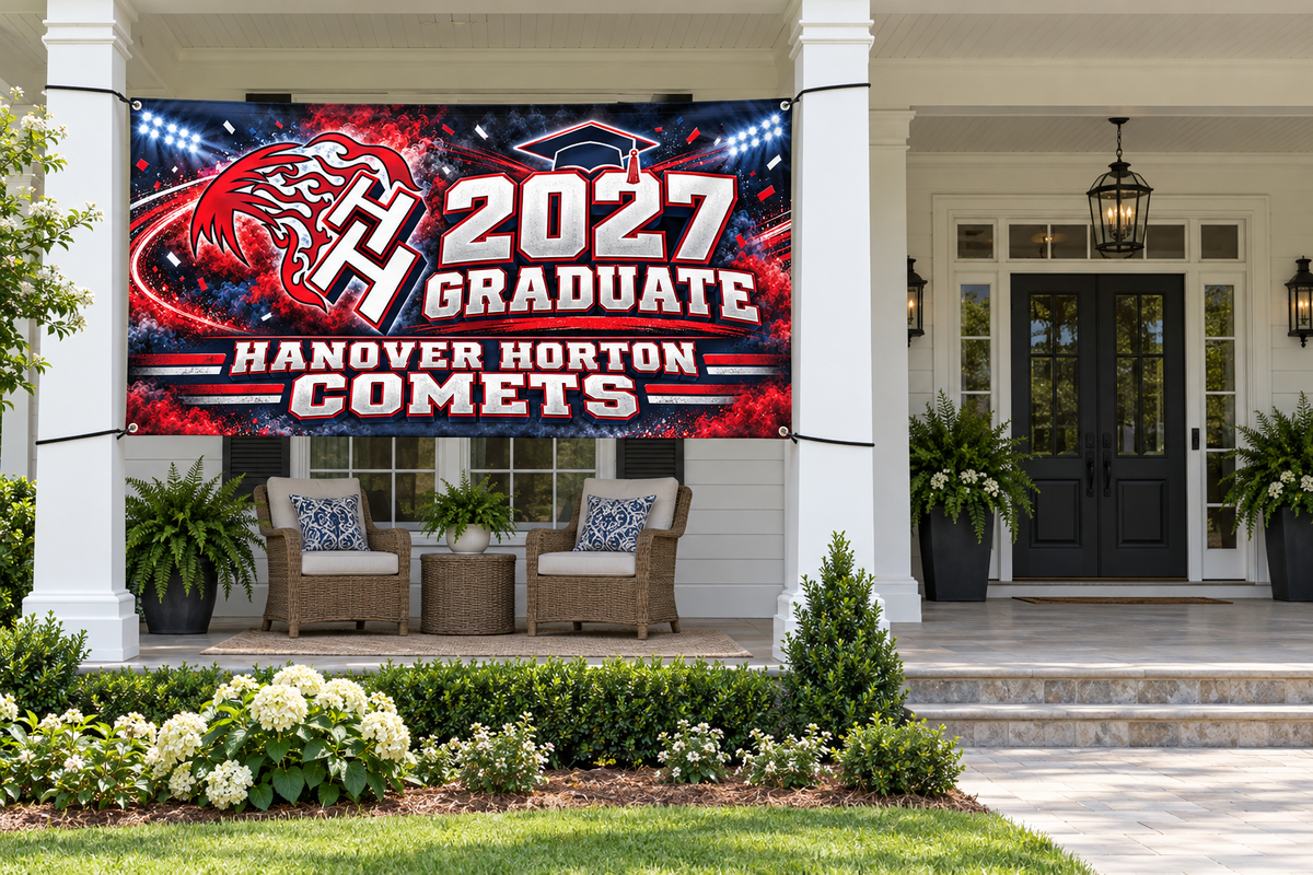 Hanover Horton Comets 2027 Graduate Banner – Stadium Celebration | 4 × 8 ft display mockup