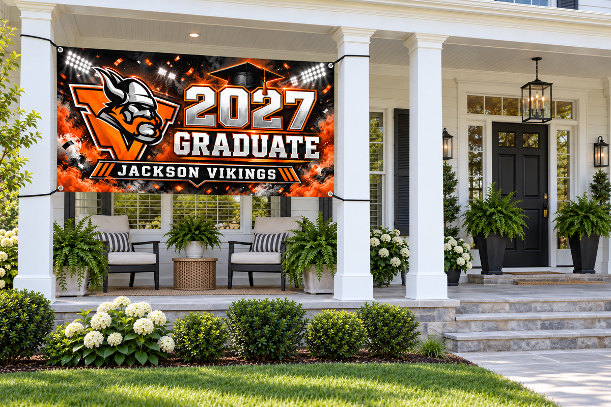 Jackson Vikings 2027 Graduate Banner – Stadium Celebration | 4 × 8 ft display mockup