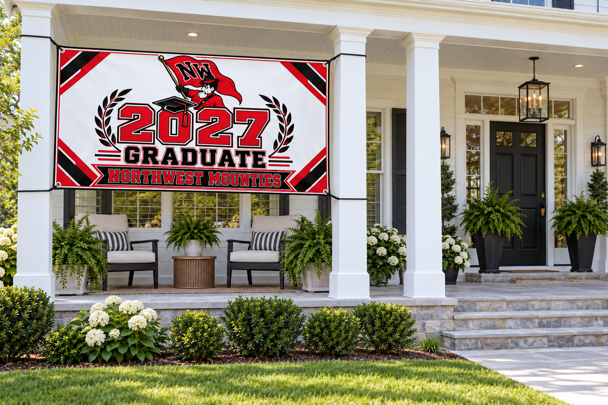 Northwest Mounties 2027 Graduate Banner – Classic Honors | 4 × 8 ft display mockup