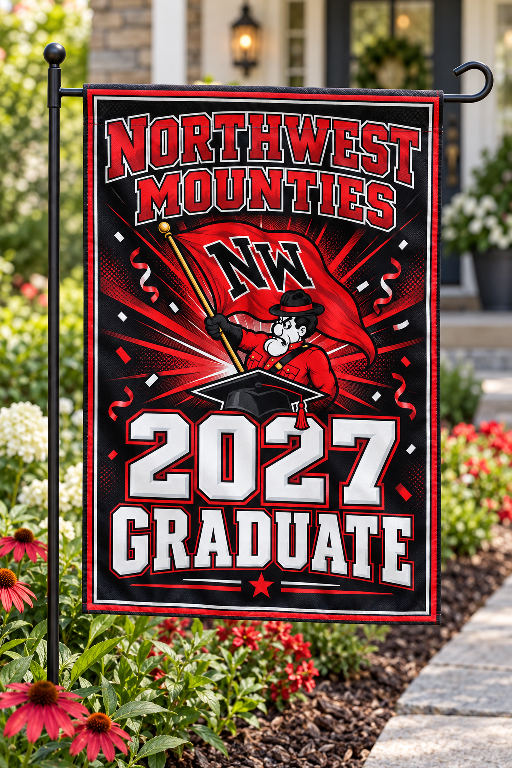 Northwest Mounties 2027 Graduate Garden Flag | 12 × 18 in display mockup