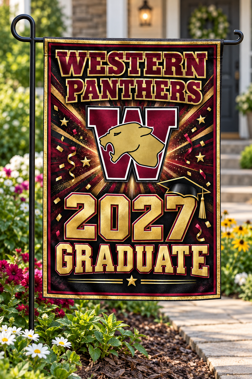 Western Panthers 2027 Graduate Garden Flag | 12 × 18 in display mockup