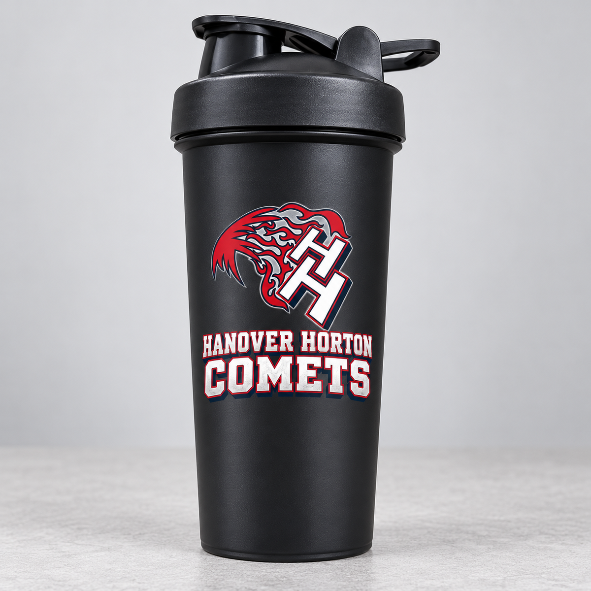 Hanover Horton Comets black shaker cup — one cup shown from the bulk pack of 120