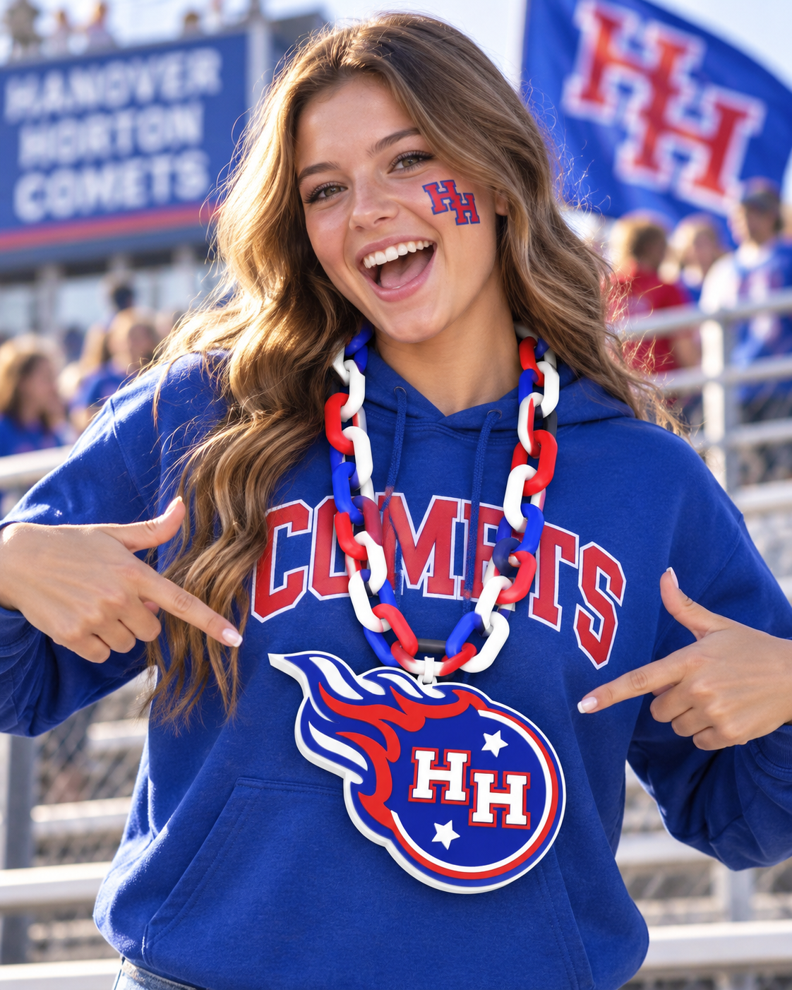 AI-generated lifestyle illustration of a fan wearing the Hanover Horton Comets hype chain; not a customer photo. Refer to actual product photo for design details.