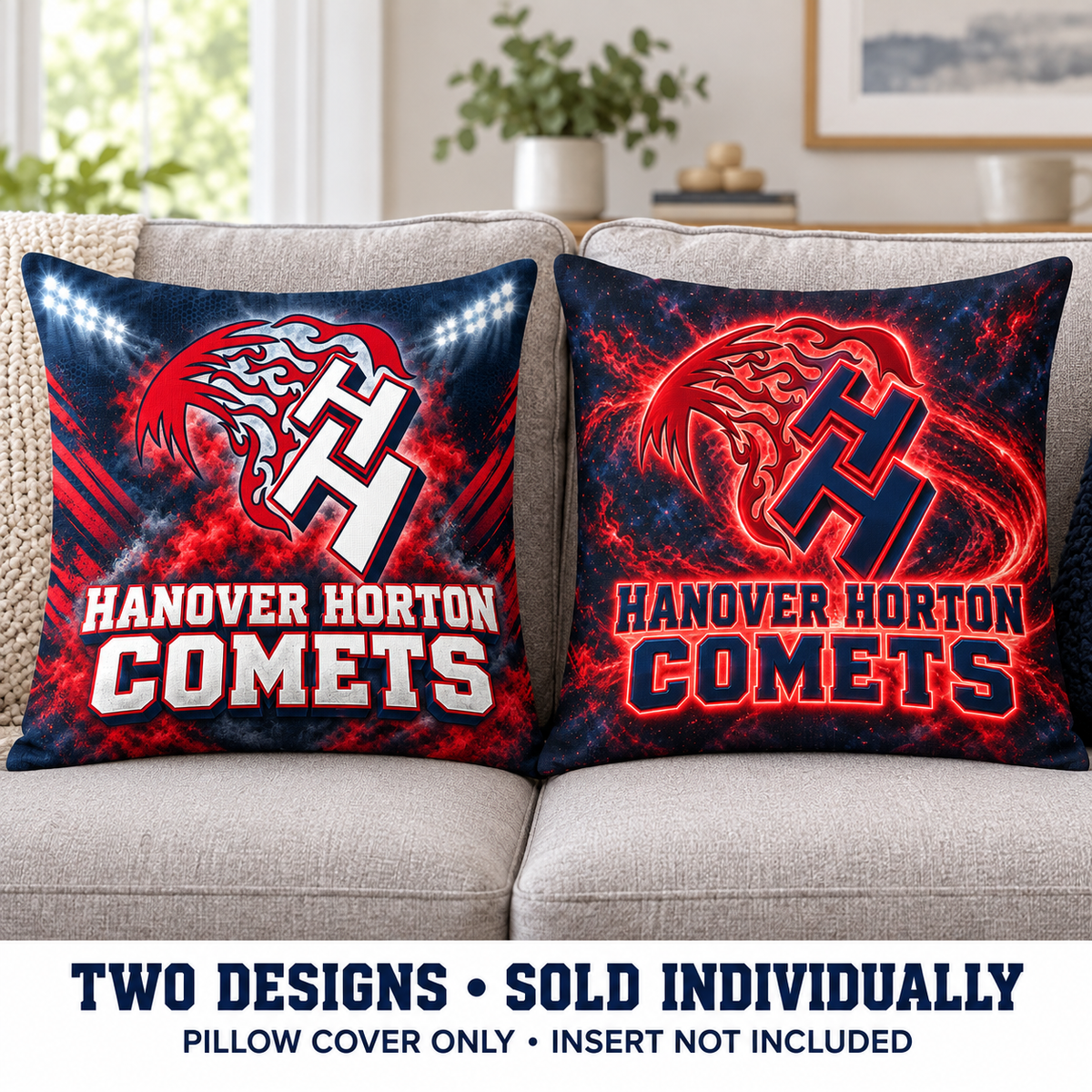 Hanover Horton Comets Comet Pride and Red Glow pillow cover choices in red and dark navy, sold individually without inserts