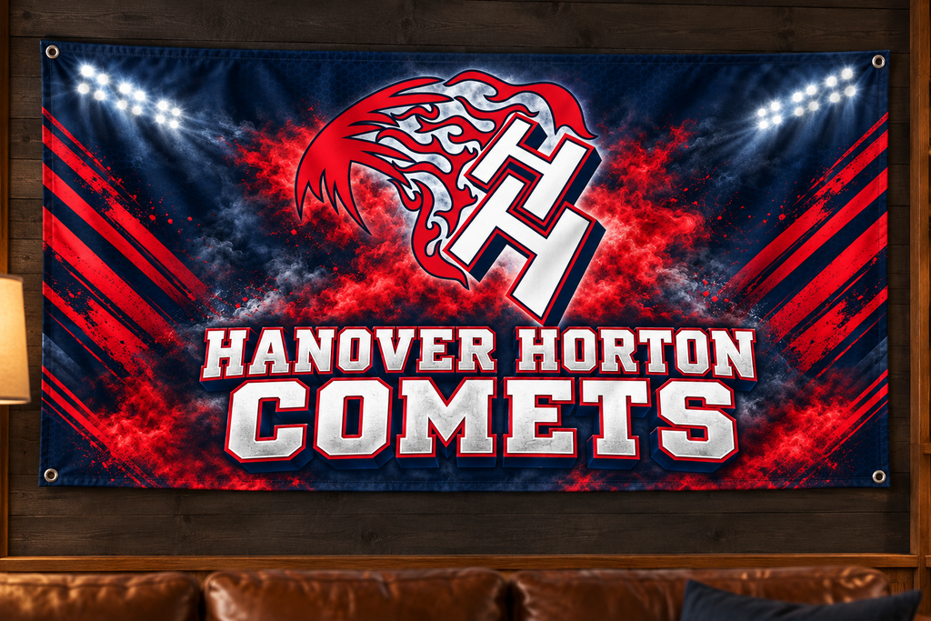Hanover Horton Comets Comet Pride banner in red and dark navy blue displayed on a game room wall