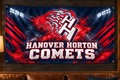 Hanover Horton Comets Comet Pride banner in red and dark navy blue displayed on a game room wall