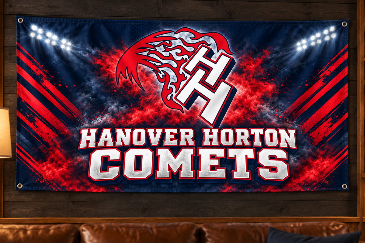 Hanover Horton Comets Comet Pride banner in red and dark navy blue displayed on a game room wall