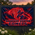 Hanover Horton Comets Red Glow Comet printed flag in red and dark navy displayed on a garden fence