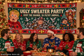 AI-generated Christmas party mockup showing the Home Alone ugly sweater banner on a wall; people, lights and props not included.