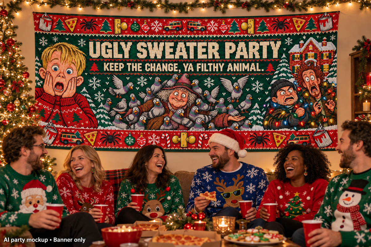 AI-generated Christmas party mockup showing the Home Alone ugly sweater banner on a wall; people, lights and props not included.