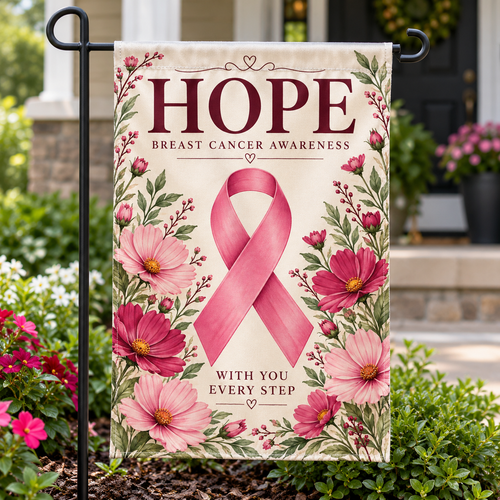 Realistic product mockup of HOPE Pink Ribbon Garden Flag | Breast Cancer Awareness displayed on a garden flag stand beside a porch.