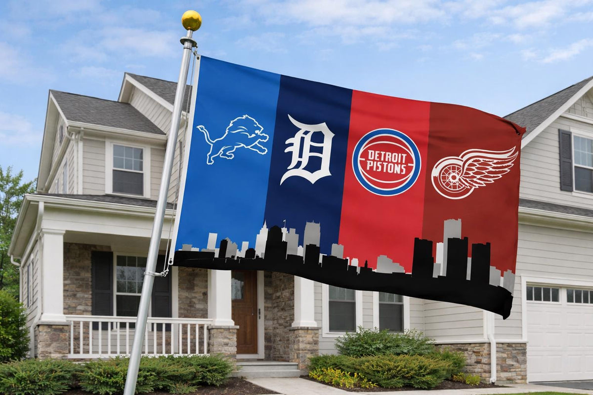 Detroit Sports Flag – Lions Tigers Pistons Red Wings Flag – Detroit Fan Gift – Mancave Wall Decor