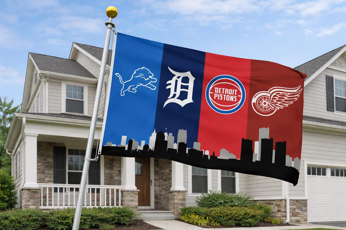 Detroit Sports Flag – Lions Tigers Pistons Red Wings Wall Flag | Man Cave Garage Decor | Detroit Fan Gift