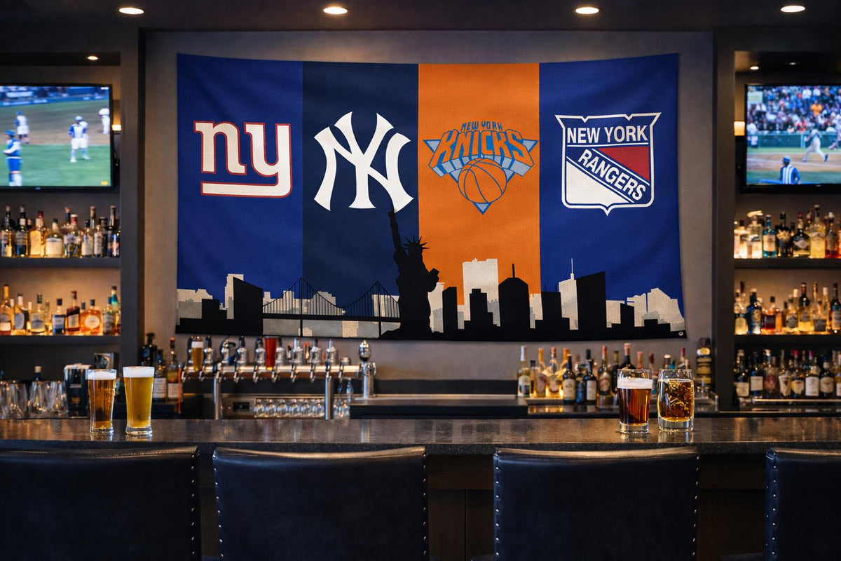 New York Sports Flag – Yankees Giants Knicks Rangers Banner – NYC Fan Gift Wall Decor