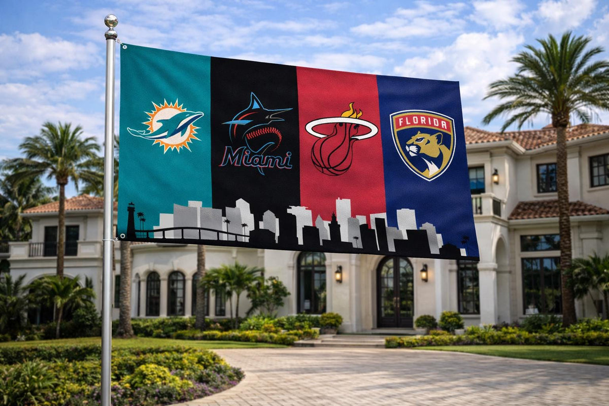 Miami Florida Sports Flag – Dolphins Heat Marlins Panthers Wall Flag | Mancave Garage Decor | Florida Fan Gift