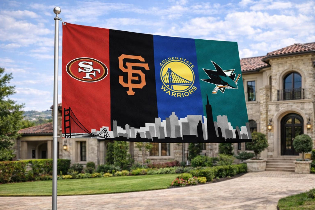 San Francisco San Jose Sports Flag – 49ers Giants Warriors Sharks Wall Flag | Mancave Garage Decor | Bay Area Fan Gift