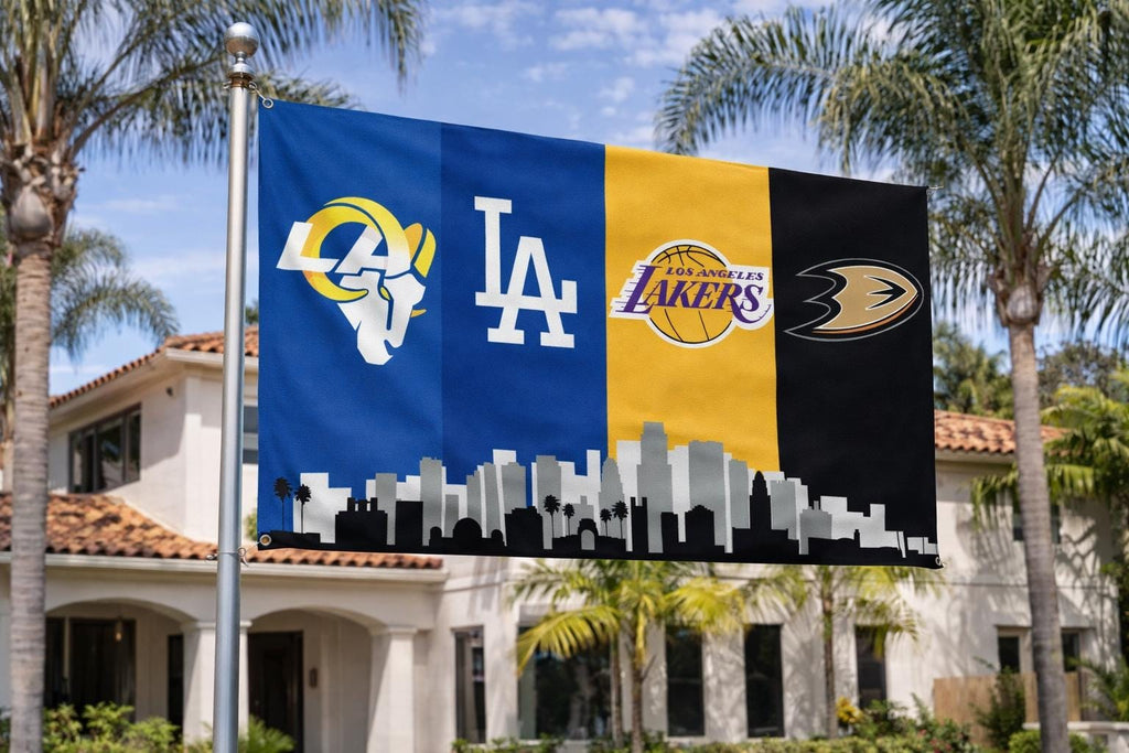 Los Angeles Sports Flag – Lakers Dodgers Rams Ducks Wall Flag | Mancave Garage Decor | LA Fan Gift