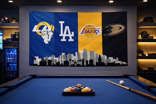 Los Angeles Sports Flag – Lakers Dodgers Rams Ducks Wall Flag | Mancave Garage Decor | LA Fan Gift