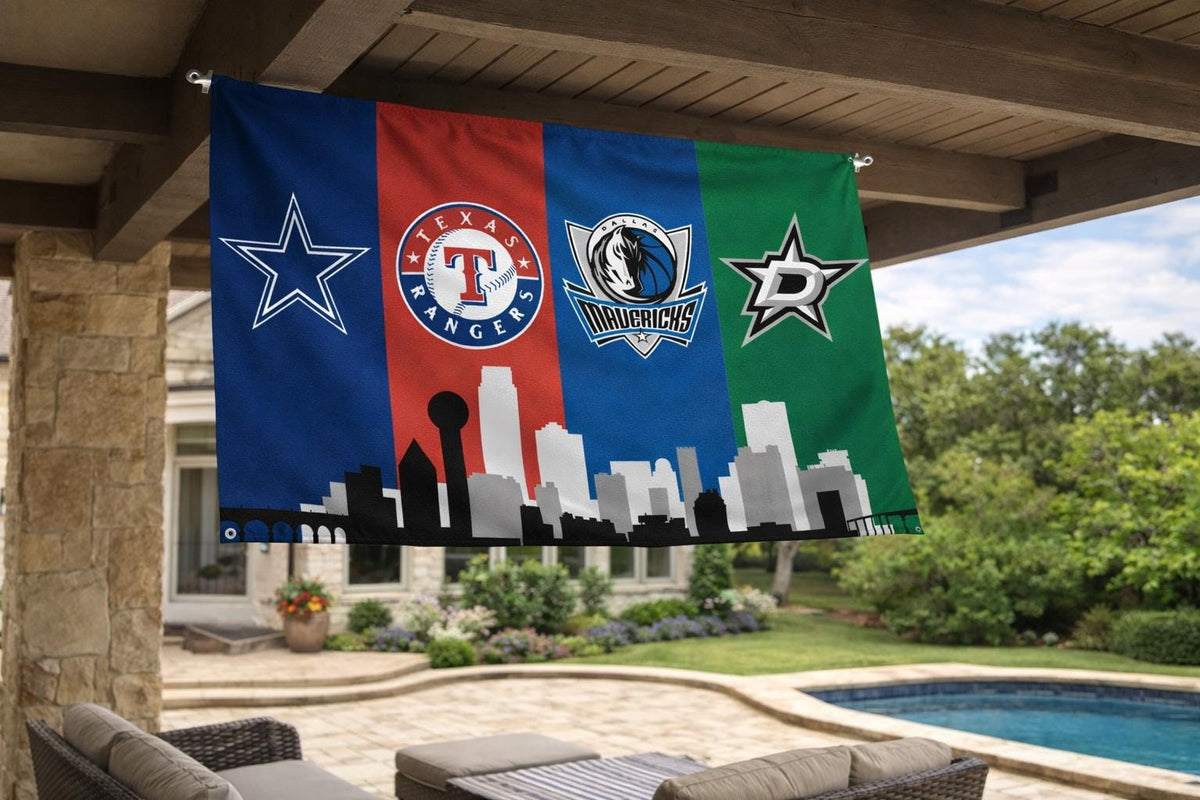 Dallas Texas Sports Flag – Cowboys Rangers Mavericks Stars Wall Flag | Mancave Garage Decor | Texas Fan Gift