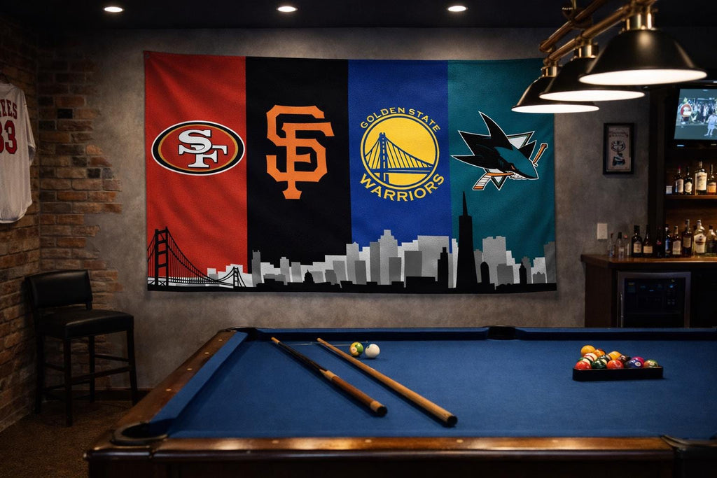 San Francisco San Jose Sports Flag – 49ers Giants Warriors Sharks Wall Flag | Mancave Garage Decor | Bay Area Fan Gift