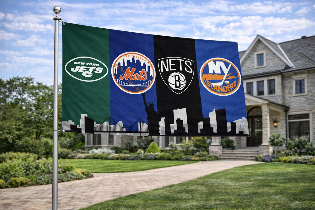 New York New Jersey Sports Flag – Jets Mets Nets Islanders Wall Flag | Mancave Garage Decor | NY NJ Fan Gift