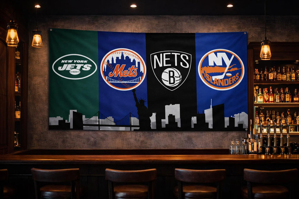 New York New Jersey Sports Flag – Jets Mets Nets Islanders Wall Flag | Mancave Garage Decor | NY NJ Fan Gift
