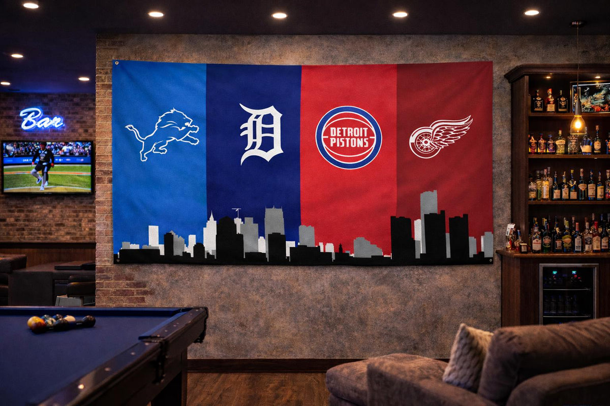 Detroit Sports Flag – Lions Tigers Pistons Red Wings Flag – Detroit Fan Gift – Mancave Wall Decor