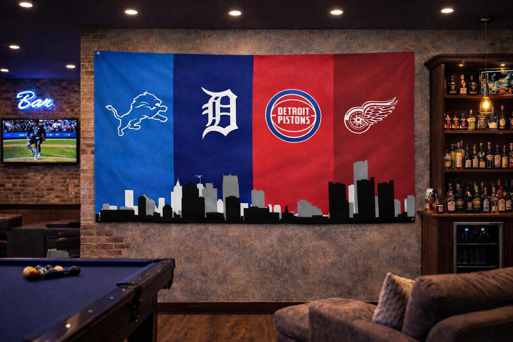 Detroit Sports Flag – Lions Tigers Pistons Red Wings Wall Flag | Man Cave Garage Decor | Detroit Fan Gift