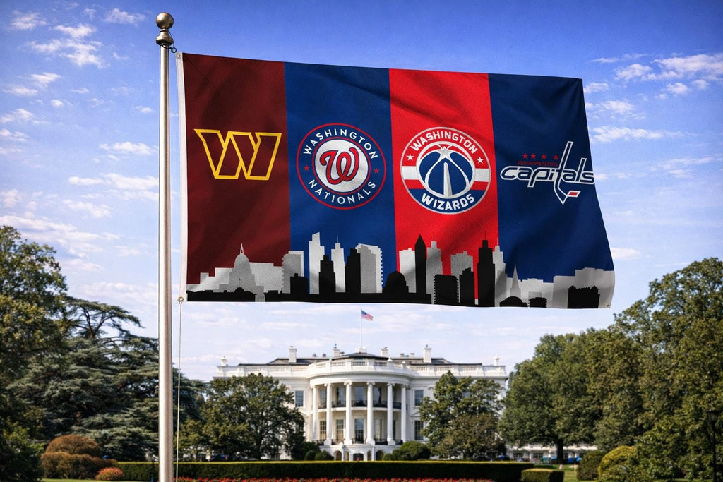 Washington DC Sports Flag – Commanders Nationals Wizards Capitals Wall Flag | Mancave Garage Decor | DC Fan Gift