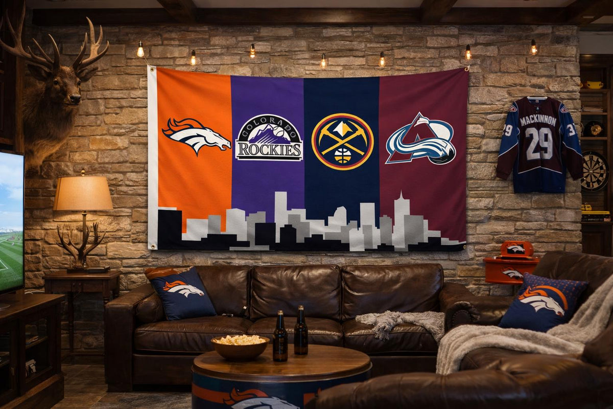 Denver Colorado Sports Flag – Broncos Rockies Nuggets Avalanche Wall Flag | Multi Size Flag/ Banner | Mancave Garage Decor