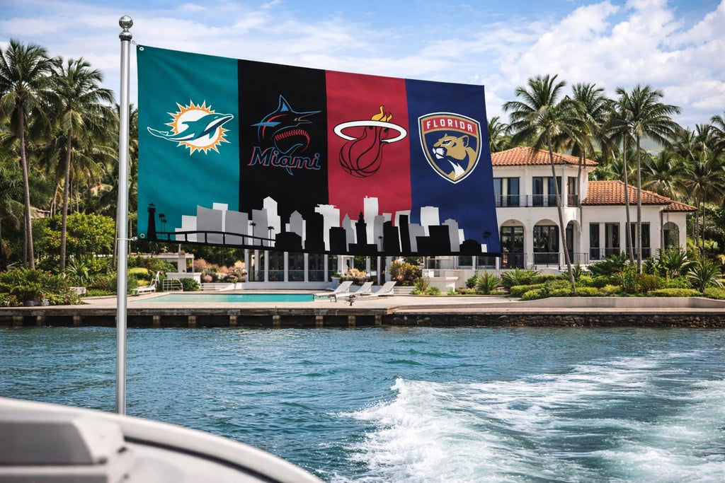 Miami Florida Sports Flag – Dolphins Heat Marlins Panthers Wall Flag | Mancave Garage Decor | Florida Fan Gift