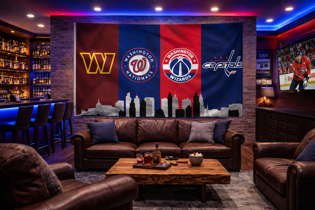 Washington DC Sports Flag – Commanders Nationals Wizards Capitals Wall Flag | Mancave Garage Decor | DC Fan Gift