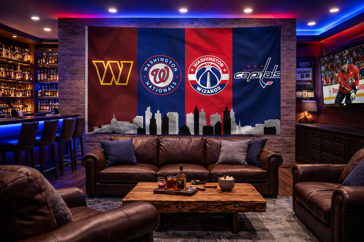 Washington DC Sports Flag – Commanders Nationals Wizards Capitals Wall Flag | Mancave Garage Decor | DC Fan Gift