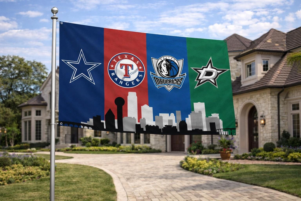 Dallas Texas Sports Flag – Cowboys Rangers Mavericks Stars Wall Flag | Mancave Garage Decor | Texas Fan Gift