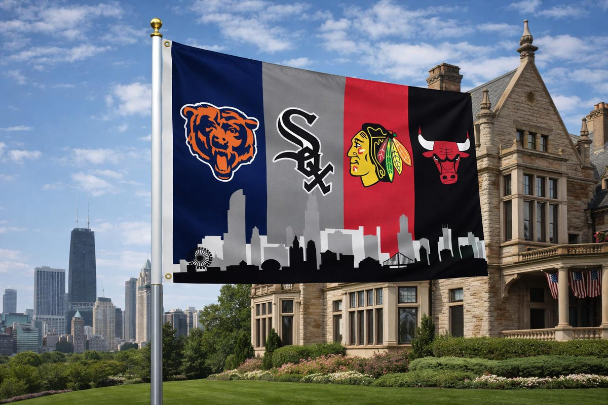 Chicago Sports Flag – Bears White Sox Bulls Blackhawks Wall Flag | Mancave Garage Decor | Chicago Fan Gift