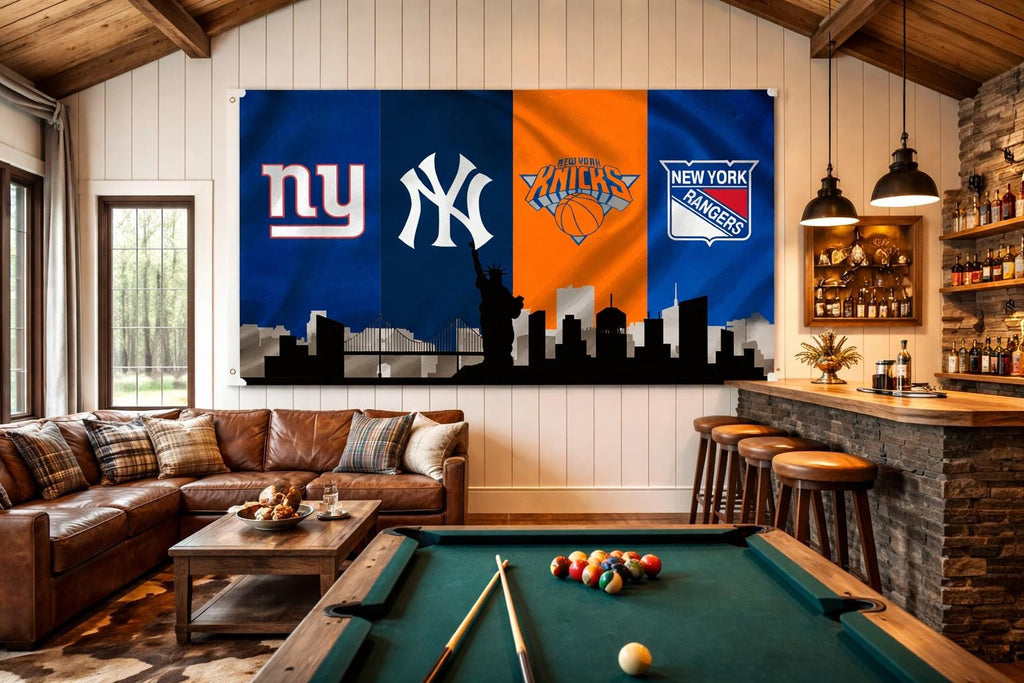 New York Giants Knicks Yankees Flag, NYC Skyline Sports Flag, New York Fan Decor, Mancave Banner, Garden Boat Flag