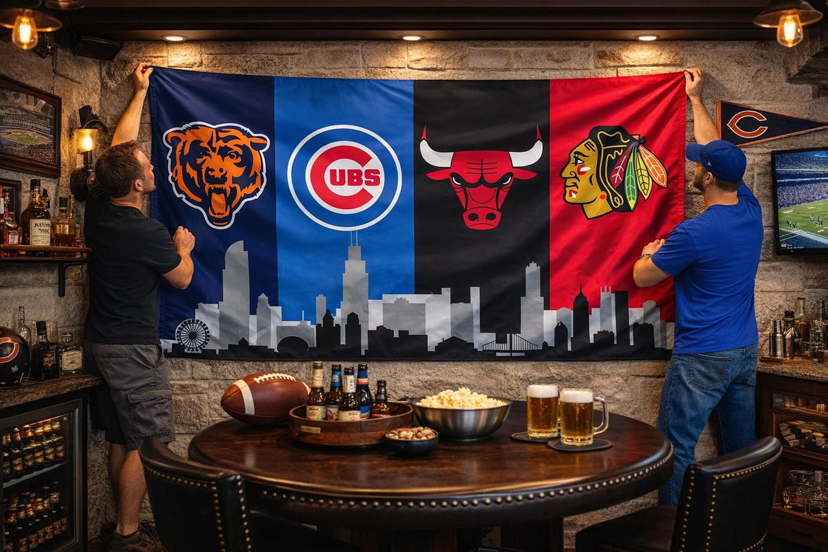 Chicago Sports Flag – Bears Cubs Bulls Blackhawks Banner | Multi Size Wall Decor | Mancave Garage Flag