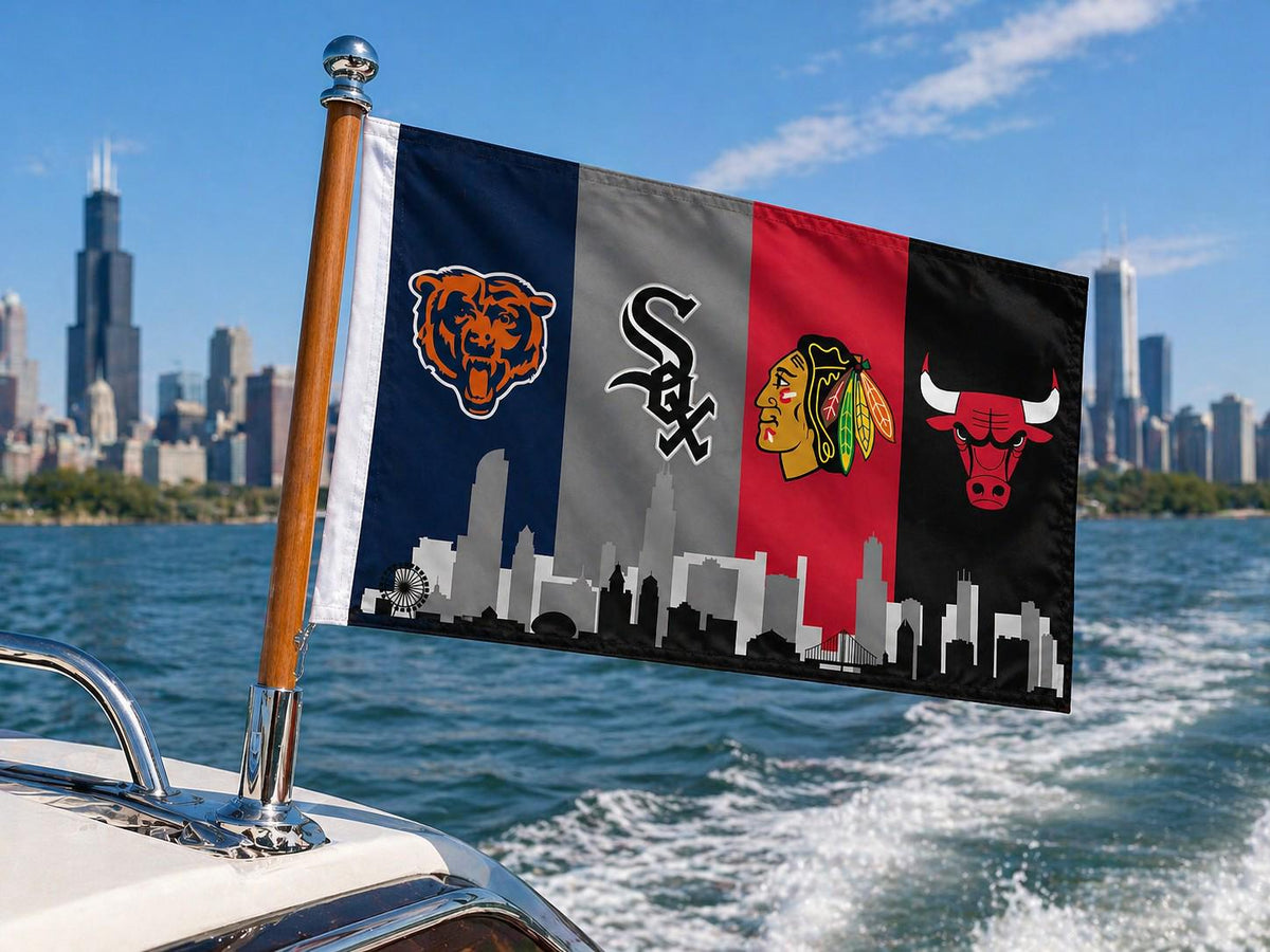 Chicago Sports Flag – Bears White Sox Bulls Blackhawks Banner | Multi Size Wall Decor | Mancave Garage Flag