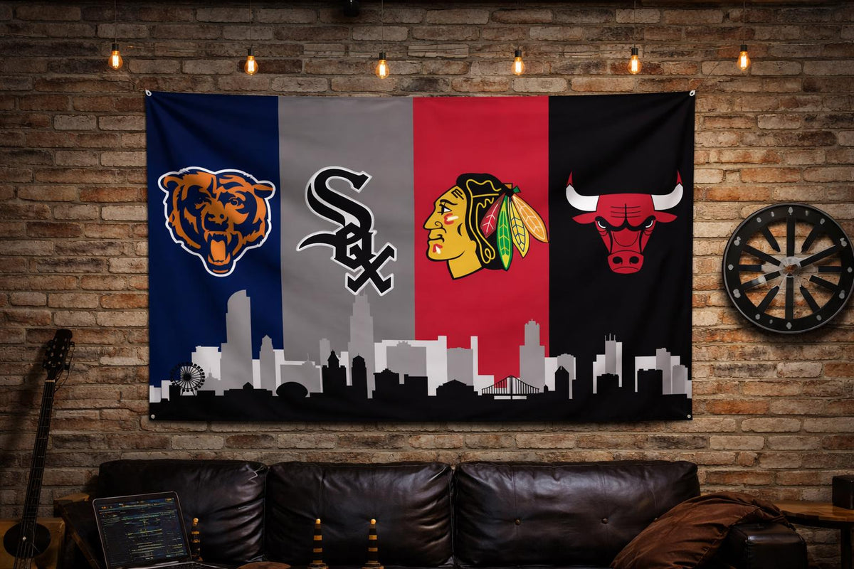 Chicago Sports Flag – Bears White Sox Bulls Blackhawks Banner | Multi Size Wall Decor | Mancave Garage Flag