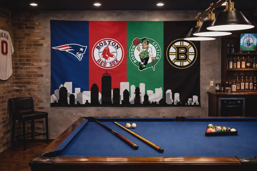 Boston Sports Flag – Patriots Red Sox Celtics Bruins Banner | Multi Size Wall Decor | Mancave Garage Flag