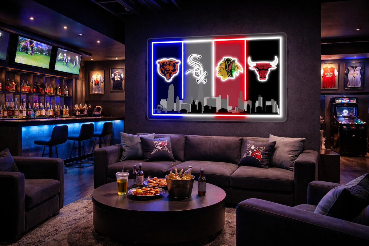 Chicago Sports Flag – Bears White Sox Bulls Blackhawks Banner | Multi Size Wall Decor | Mancave Garage Flag