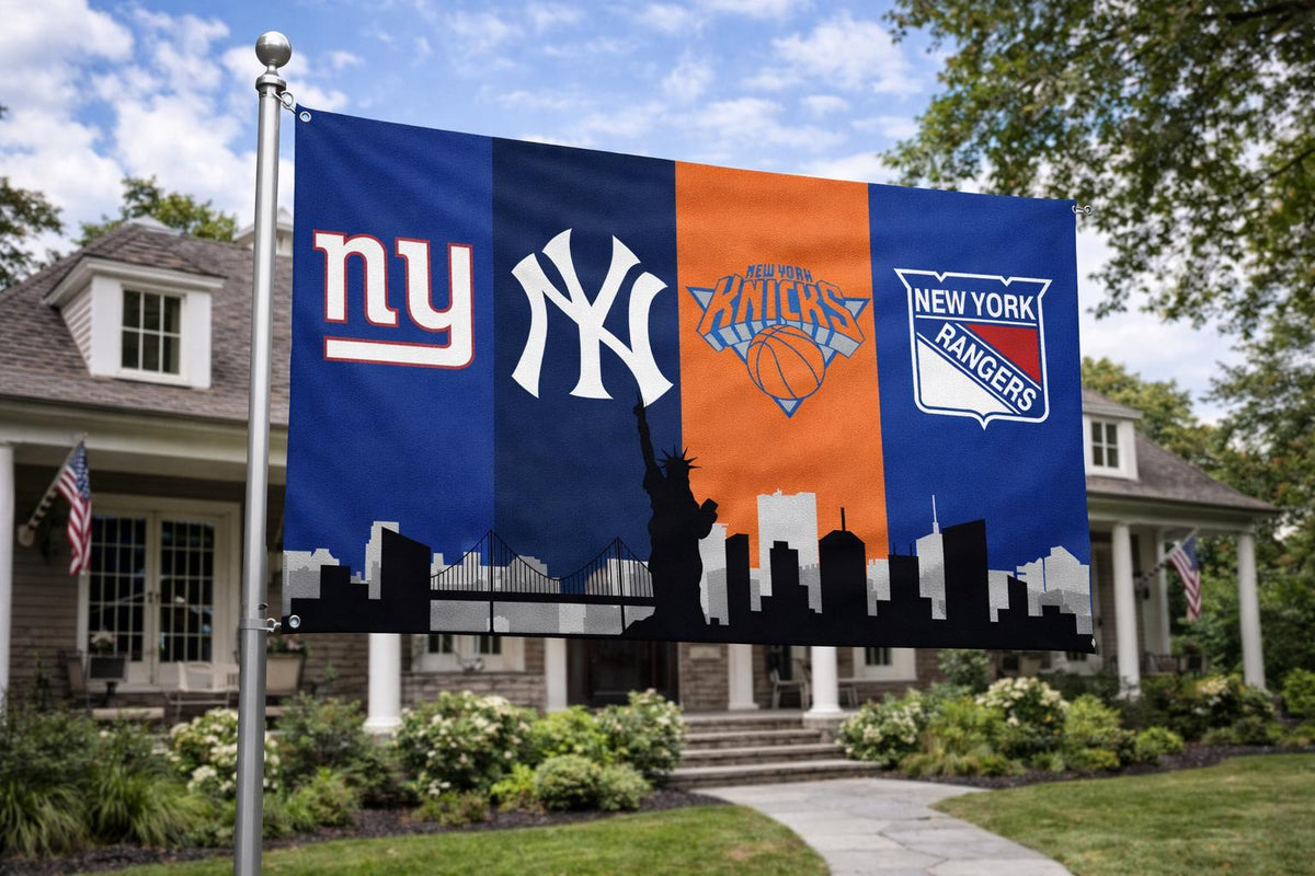 New York Sports Flag – Yankees Giants Knicks Rangers Banner – NYC Fan Gift Wall Decor