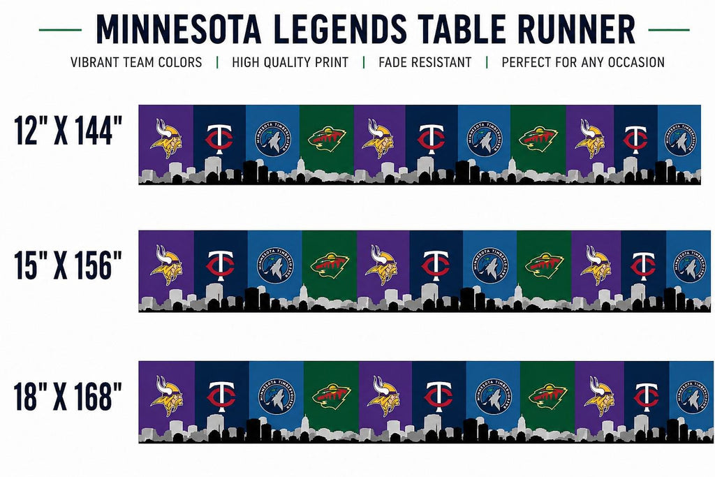 Minnesota Sports Table Runner – Vikings Twins Timberwolves Wild Table Decor | Minnesota Tailgate Party Runner | Mancave Sports Decor