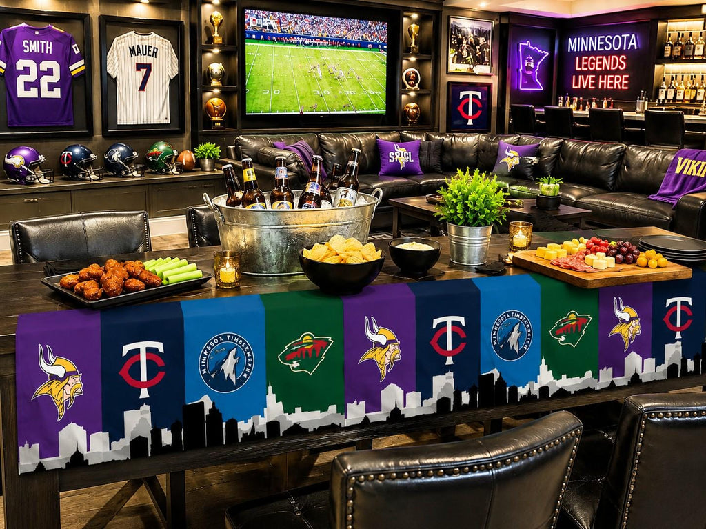 Minnesota Sports Table Runner – Vikings Twins Timberwolves Wild Table Decor | Minnesota Tailgate Party Runner | Mancave Sports Decor